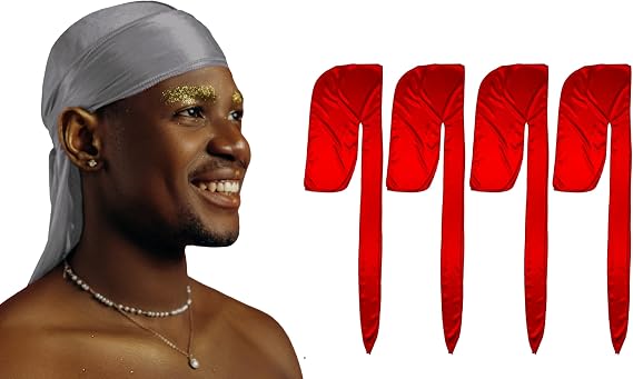 1 Pack Grey Silky Satin Durag Bundle 4 Pack Red Silk Durag