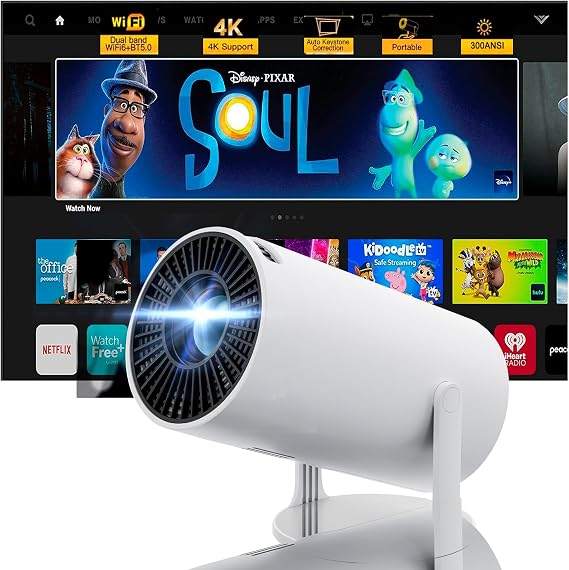4k Mini Projector with Wifi and Bluetooth, Portable Projector Android 11 Auto Keystone,Video Projector for Laptop, PC, Smartphone