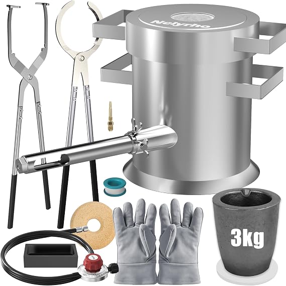 Nelyrho 3KG Propane Melting Furnace Kit, Beginner Smelter Set | With 2 Crucible Tongs, Pouring Crucible & Ingot Mold for DIY Metal Casting, Melting Gold,Silver,Copper And Aluminum