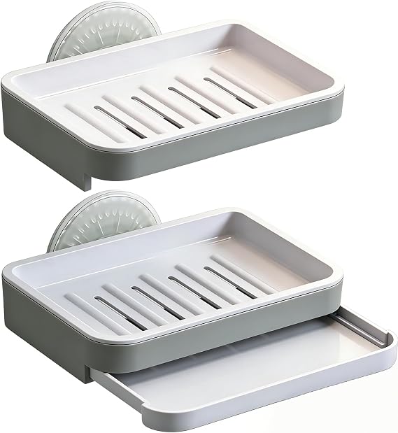 2PCS Double Layer Soap Dish for Shower, Wall Mounted Bar Soap Holder Suction Cup 2 Layer Self Draining Soap Case Sponge Holder for Shower Bathroom, Tub and Kitchen Sink, Drill-Free Tray