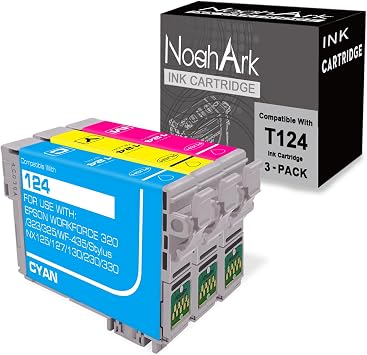 NoahArk 3 Packs T124 Remanufactured Ink Cartridge Replacement for Epson 124 use for Epson Stylus NX125 NX127 NX130 NX230 NX330 NX420 NX430 Workforce 320 323 325 435 (1 Cyan 1 Magenta 1 Yellow)