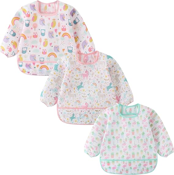 ElecMotive Long Sleeve Bibs 3 Pack Waterproof Sleeved Bib Baby Toddler Soft Bib for 6-30 Months