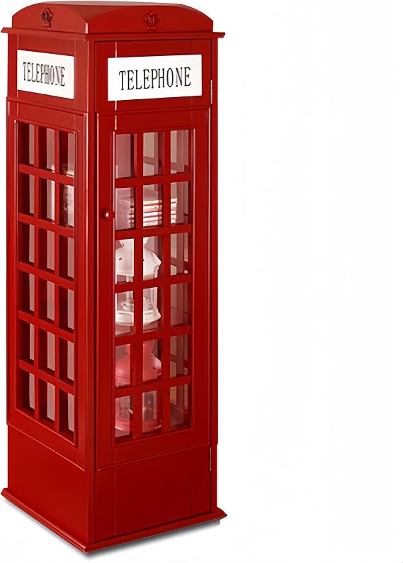 Wood London Telephone Booth Bookshelf, 5 Shelf Storage Unit, CD Cabinet, Floor Standing Bookcase Storage Rack, 14" D x 14" W x 44" H (Red)