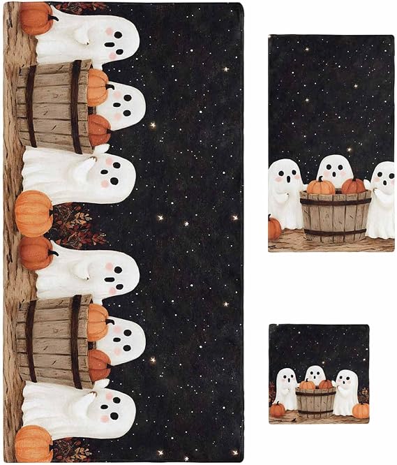 Bath Towel Sets, Halloween Pumpkin Cute Ghost Bathroom Towels Soft Hand Towel Washcloth Cotton Towel Set,Absorbent Soft Bath Set for Hotel Beach Pool Vintage Nightly Star Spooky Towels