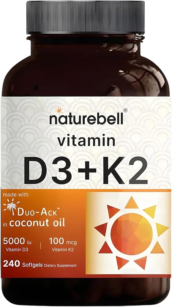 NatureBell Vitamin D3 5,000 IU & K2 100mcg, 240 Softgels | 5,000 IU Vitamin D3 & 100mcg Vitamin K2 MK-7 with Coconut Oil, Bone, Heart & Immune Health Support*, 3rd Party Tested