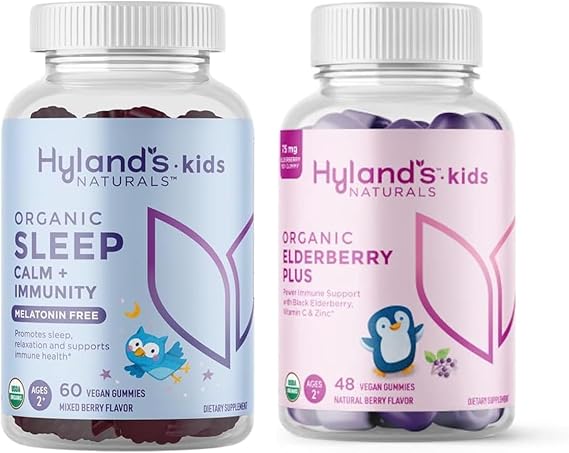 Hyland's Kids Organic Elderberry Plus Immune Support with ZINC & Vitamin C, 48 Vegan Gummies + Organic Sleep Aid, Calm + Immune Support Melatonin Free Chamomile & Elderberry, 60 Vegan Gummies