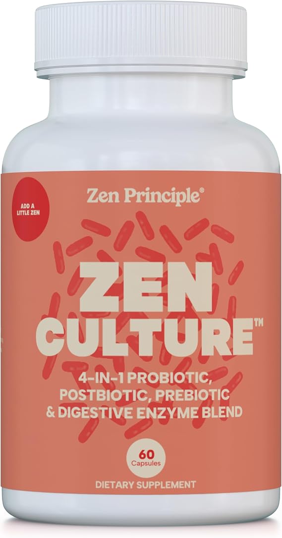 Zen Principle ZencultureTM 4-in-1 Synbiotic Supplement (Probiotic + Prebiotic + Postbiotic + Digestive Enzymes) with CoreBiome. Anti Bloating, Immune & Brain-Gut Health. 60 Capsules