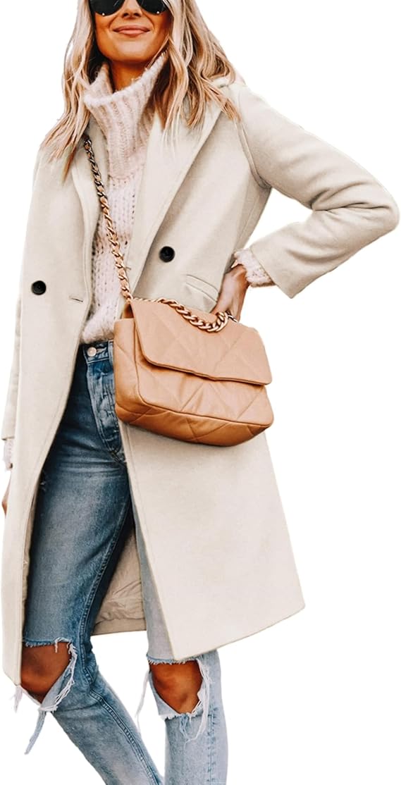 Yidarer Women's Winter Wool Coat Mid-Long Notch Lapel Single Breasted Peacoat Casual Trench Coats Outwear