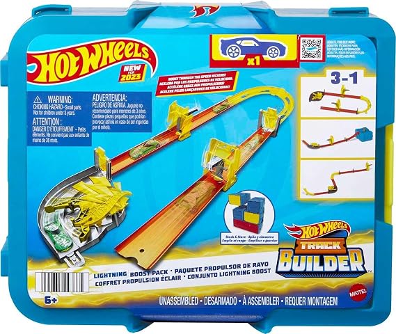 Hot Wheels Toy Car Track Set, Track Builder Playset Lightning Boost Pack & 1:64 Scale Vehicle, 12 Component Parts in Modular Storage Container