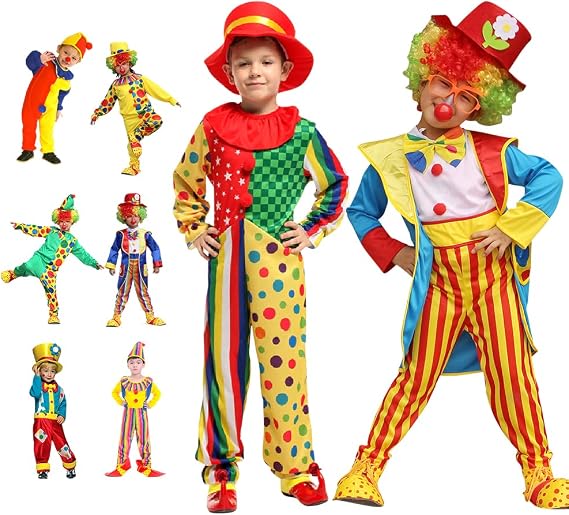 IWEMEK Girls Boys Clown Costume for Kids Funny Circus Costume Joker Cosplay Dress up Clown Hat Polka Dots Halloween Outfits