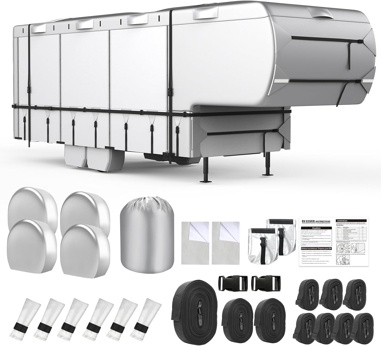 5th Wheel RV Cover, 33'-37' Camper Cover, 420D Oxford Cloth UV Protected Travel Trailer Cover, Wind and Water Resistant with Extra Harness, Tire Cover and Gutter Cover
