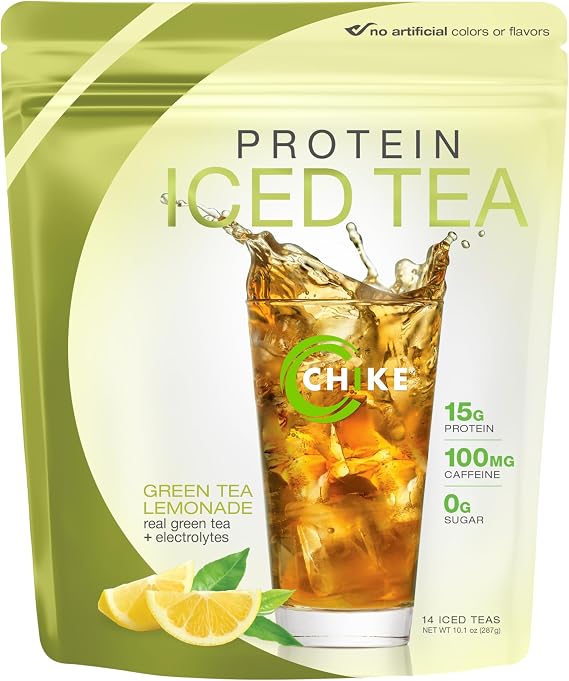 CHIKE Green Tea Lemonade Protein Iced Tea, 15g Protein, 100mg Caffeine, 0g Sugarm Keto Friendly and Gluten Free, 14 Servings (10.1 Ounce)