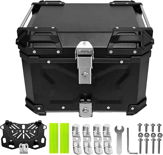 45L Motorcycle Top Case Universal Aluminum Alloy Motorbike Tail Box with Leather Lining Waterproof Detachable Motorcycle Trunk Top Box Security Lock for Helmet and Luggage Storage Travel