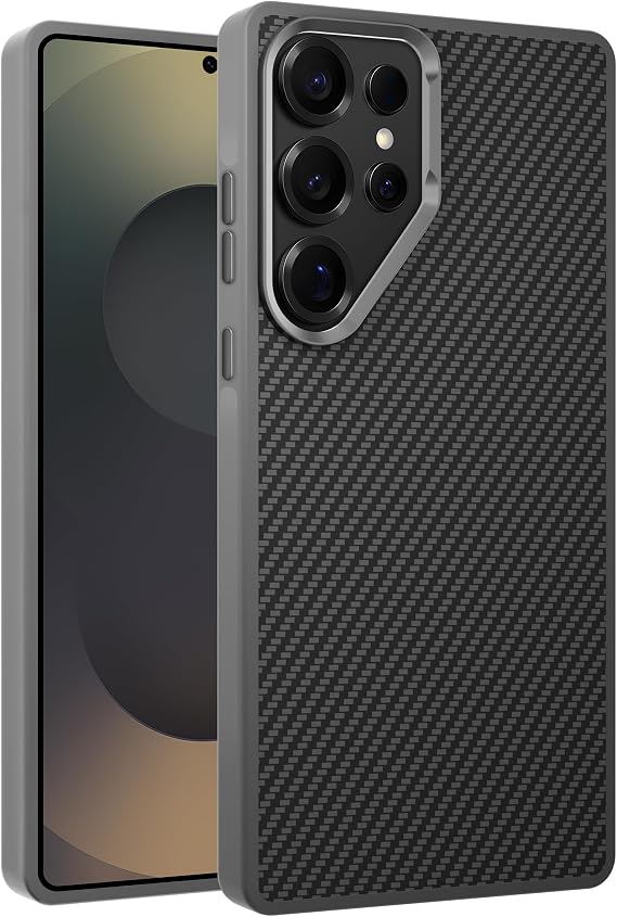 Teknoft Samsung Galaxy S25 Ultra için Karbon Serisi Ultra Güçlü Metal Tuşlu ve Lens Çerçeveli Darbe Emici Karbon Fiber Görünümlü Silikon Kılıf (Gri, Galaxy S25 Ultra)
