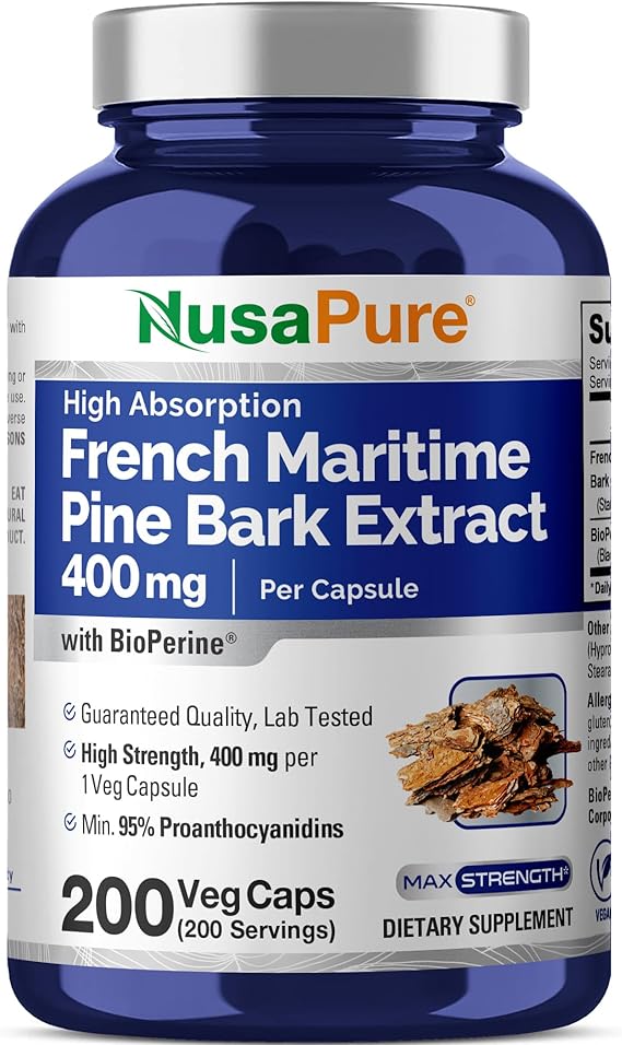French Maritime Pine Bark, Vegan, 400mg, 200 Veggie Caps - 200 Servings | Herbal Formula, Pinus pinaster Bark Extract with BioPerine, Non-GMO, Suitable for Adults, Manufactured in a cGMP Facility USA