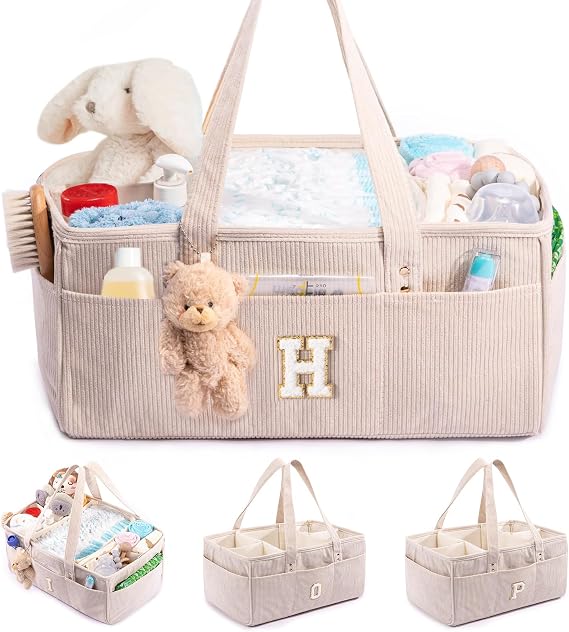 SFYBYHEART Initial Personalized Diaper Caddy Organizer, Baby Storage Basket for Diapers and Wipes, Shower Gift, Nursery Organizer, Portable Baby Storage