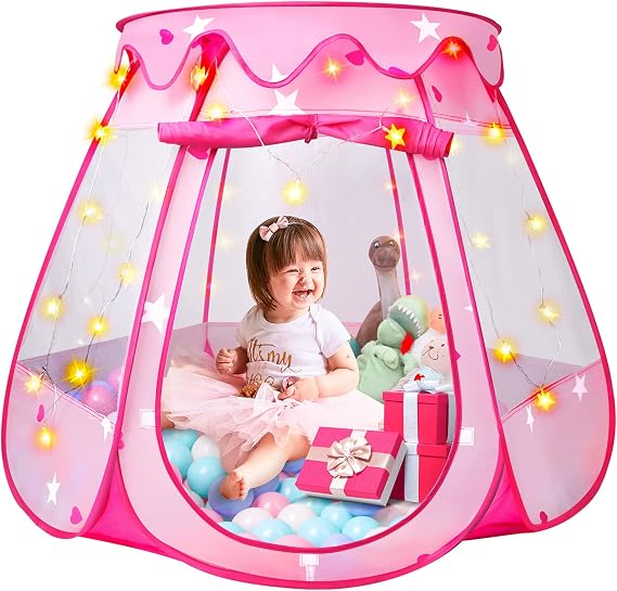 Princess Tent Girls Kids Playhouse Pop Up Play Tent with Star Light Tent for Kids Ball Pit Toys for Baby Girl Birthday Gift for Indoor Outdoor Toddler Girl Gift, Easy to Pop Up and Assemble