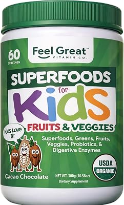 Feel Great USDA Organic Super Greens Powder for Kids - Cocao Chocolate | Fruit & Veggie Supplement | Superfood Powder with Probiotics & Digestive Enzymes for Digestive Health | 60 Days Supply