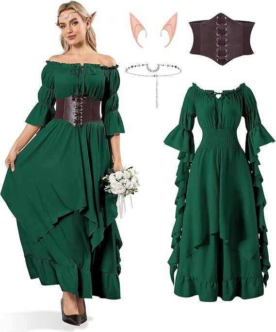 IEEILULU Women Renaissance Medieval Costume - Peasant Irish Victorian Gothic Off Shoulder Ruffle Fairy Maxi Dress 4 Pcs