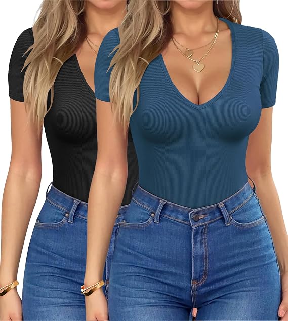 HOTOUCH Women Deep V Neck Tops Slim Fit Summer Short Sleeve T Shirts