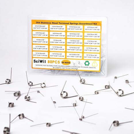 80PCS Torsion Spring Assortment Kit, 20 Sizes 60/90/120/180 Degree Stainless Steel Small Torsional Springs Set, for 3D Printer, Hinge Repair, Automotive Door Handle, DIY Mechanical Projects