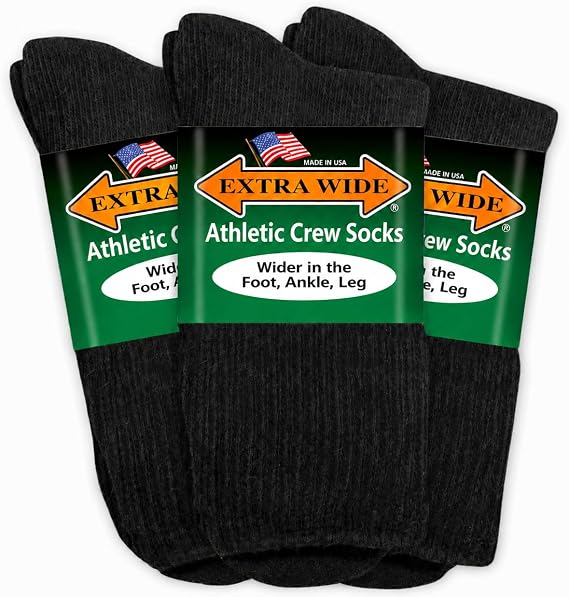 Extra Wide Athletic Crew Socks - Superior Stretch, Wide Foot, Ankle & Calf - 3 Pack, Up to 6E Width, Non-binding - USA