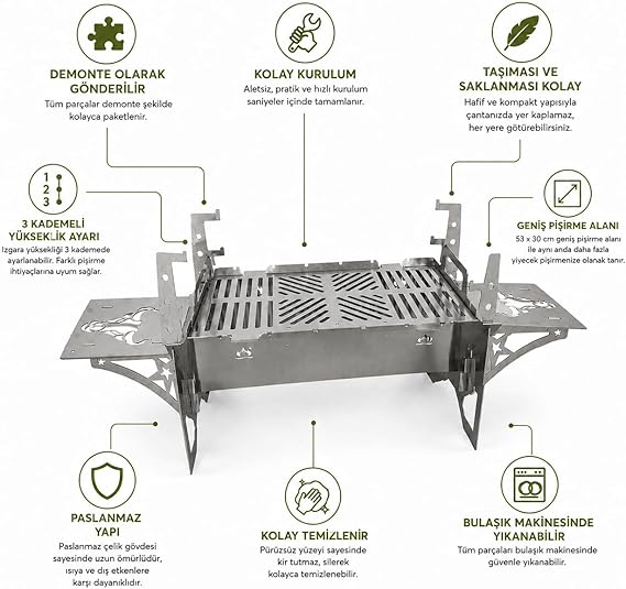 Paslanmaz Çelik Mangal 96x34x35 cm – Bulaşık Makinesinde Yıkanabilir, Demonte Kurulumlu Hijyenik İnox Barbekü Izgara