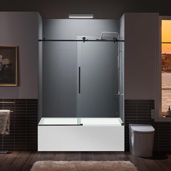 Woodbridge Frameless Sliding Shower Door,56" - 60" Width, 62" Height, 3/8" (10 mm) Clear Tempered Glass, Matte Black Finish, Designed for Smooth Door Closing