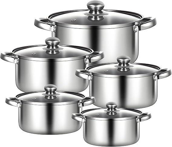 10pcs Stainless Steel Pot Set, 16-26cm Cooking Pots Set, Stainless Steel Cookware Set, with Glass Lid & Comfortable Handle, Fast Heating, Easy to Clean, Support Induction/Electric & Gas Cooktops (A)