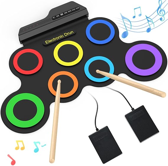 Electronic Drum Set, 7 Pad Roll-up Drum Kit with Headset Jack, Pedals, Drumsticks, Portable Practice Pad for Beginner (No Built-in Speaker)