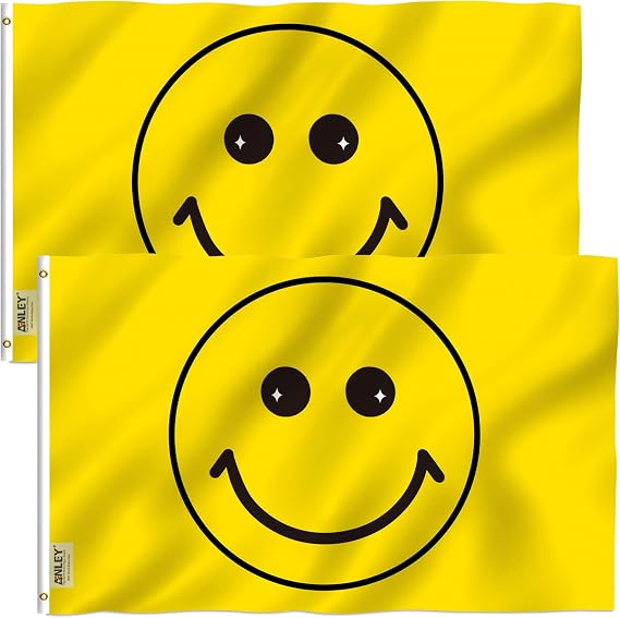 Anley Pack of 2 Fly Breeze 3x5 Foot Yellow Happy Face Flag - Vivid Color and Fade Proof - Canvas Header and Double Stitched - Flags Polyester with Brass Grommets 3 X 5 Ft
