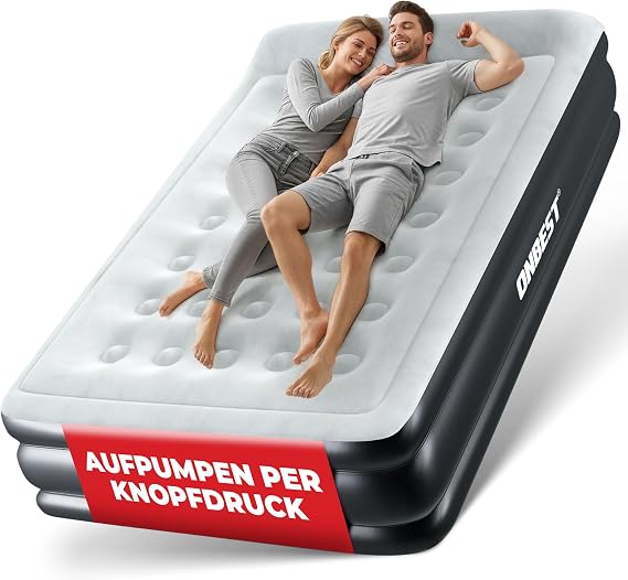 Onbest Self-Inflating Air Bed - For 2 People - 203 x 152 x 46 cm Air Mattress with Electric Pump - Inflatable Guest Bed in 3-5 Minutes - Built-in
