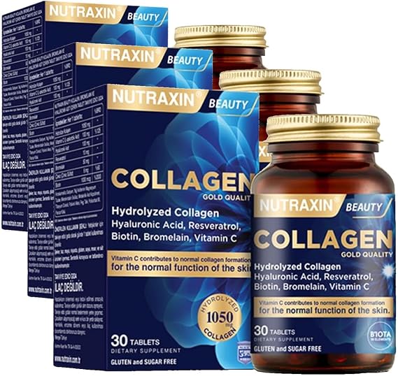 Nutraxin Collagen Gold Quality Tablet – Hidrolize Kolajen, C Vitamini, Hyaluronik Asit, Biotin, Çinko ve Resveratrol – 30 Tablet (3 paketi)