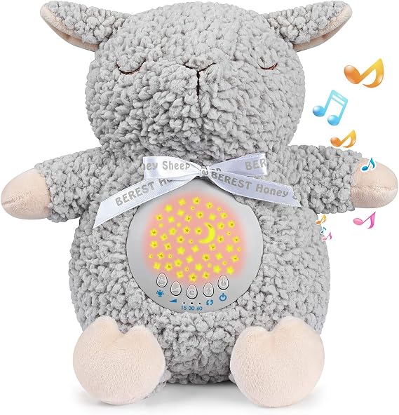 BEREST Baby Sleep Soother with Projector Night Light & Auto-Off Timer, Musical Sheep Plush Toy with White Noise, Heartbeat, Shushing, Lullabies for Newborns, Infants Shower Gift
