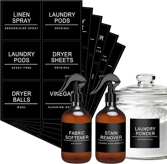 Laundry Room Labels Waterproof 36 Minimalist Home Organization Labels for Bottles Jars Detergent Dispensers,Home Storage Organization Label Stickers(Black)