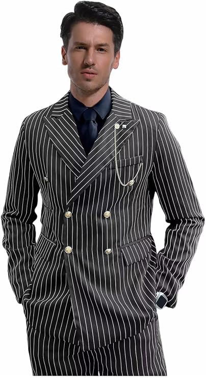 Mens Pinstripe Suit 2 Piece Double Breasted Suits for Men