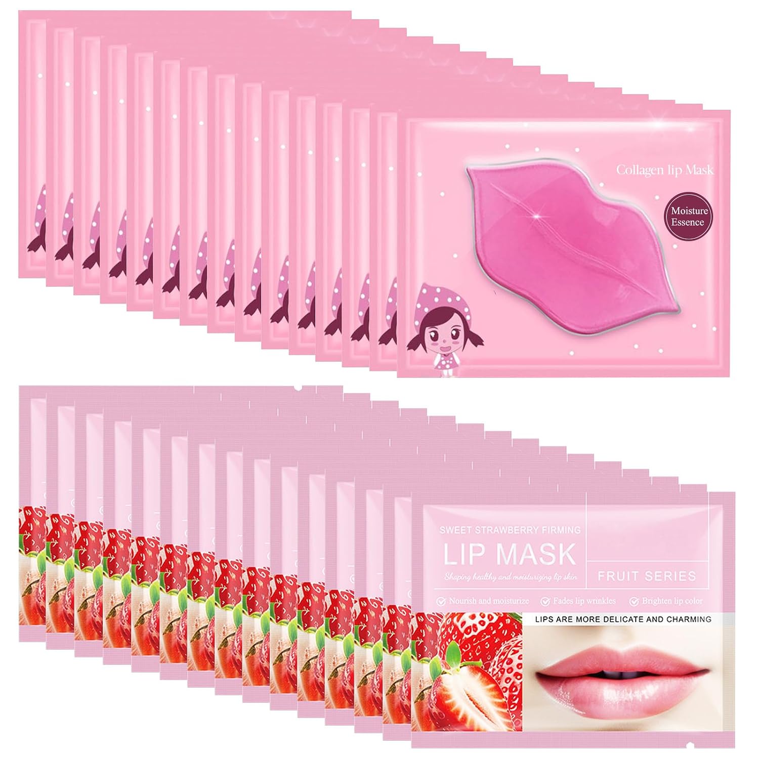 30PCS Lip Mask, Collagen Crystal Pink Care Gel Pads for Moisturizing,Reducing Chapped,Smoothing,Fine Lines,Remove Dead Skin Moisture Essence Make Your Dry Lips Attractive Sexy Strawberry