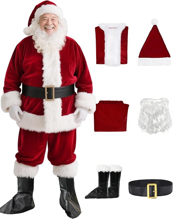 Santa Claus Costume for Men Adult - Deluxe Santa Suit, Velvet Santa Outfit Set for Holiday Parties & Festive Events