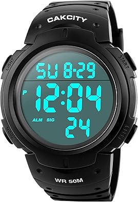 CakCity Men's Digital Sports Watch,50M Water Resistant,50mm Large Face,Stopwatch,Alarm,EL Backlight,Black,Ideal for Sport,Referee,Outdoor Work,Running Training & Daily Wear