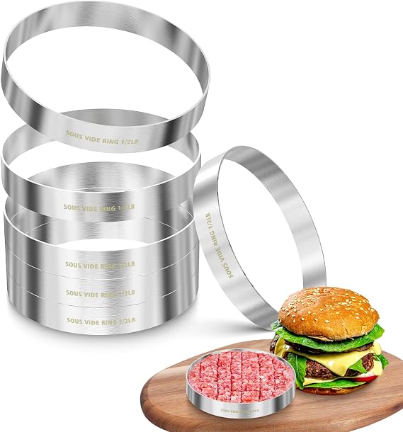 Sous Vide Hamburger Patties Cooking Rings for Immersion Circulator, Make 1/2 LB Hamburgers, Set of 6, Made of Food Grade 304 Stainless Steel, Sous Vide Accessories, Ring Molds for Cooking
