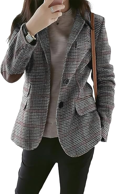 ebossy Womens Vintage Nothced Lapel Single Breasted Boyfriend Blazer Suits Houndstooth Plaid Jacket Coat with Patched Elbow