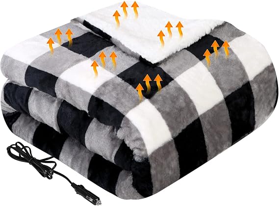 Westinghouse Heated Car Blanket, Grey Buffalo Plaid, 59x43