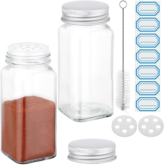Segarty 4oz Spice Jars with Silver Aluminum Lid, 2PCS 120ml Square Spices Bottles for Seasonings Cereals Storage, Empty Glass Seasoning Container Set, Salt and Pepper Organizer with 7 Stickers 1 Brush