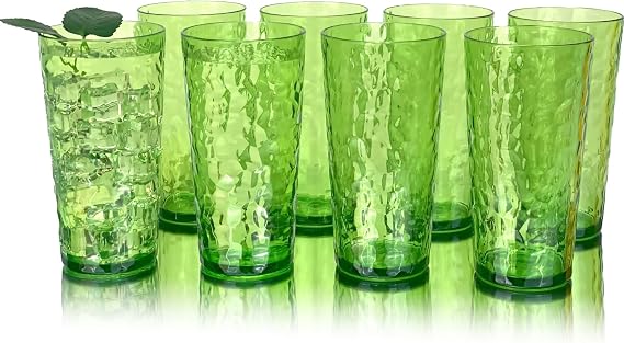 24-Ounce Plastic Tumblers (Set of 8), Reusable Plastic Mugs, BPA-Free Acrylic to Drink Mugs, Shatter Resistant, Textured Interior, Dishwasher Safe (Green, 24 Ounce)