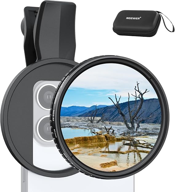 NEEWER 67mm Variable ND Filter Compatible with iPhone, Clip On ND2-32 Neutral Density Phone Lens Photography Accessories Kit Compatible with iPhone 16 15 Pro Max Plus 16e 14 13 mini 12, FL-B25
