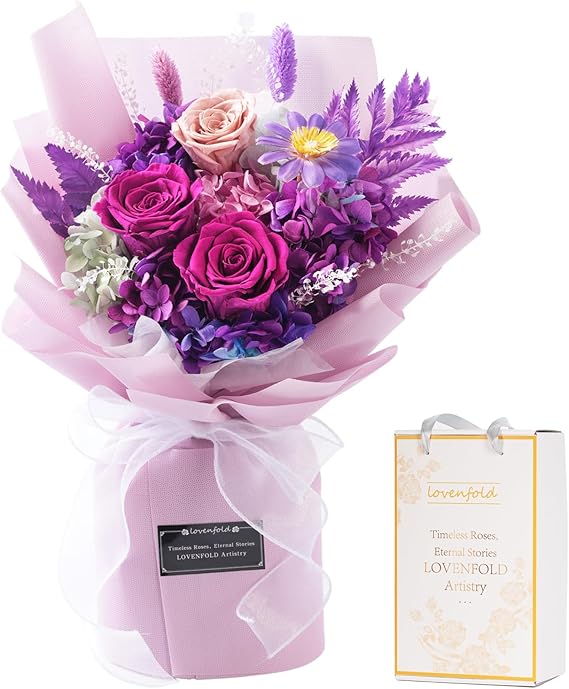 lovenfold Preserved Flowers for Delivery, Purple Rose Bouquets That Last 1-3 Years, Birthday Flowers Gifts for Women Mom Grandma Wife Friends