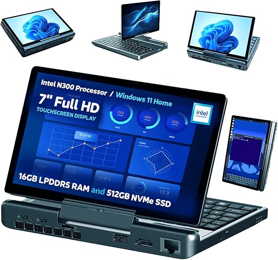 GPD MicroPC 2 | Portable Mini Laptop with 7" 1080P Display | with Intel Processor N300, UHD Graphics; 16GB LPDDR5, 512GB NVMe SSD; 2.5G Ethernet, USB-C, HDMI 2.1, Wi-Fi 6, BT 5.2