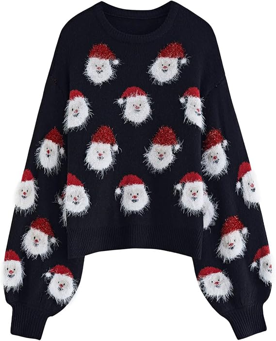 CHICWISH Women's Black/Green/Pink/Red Fuzzy Santa Claus Knit Top
