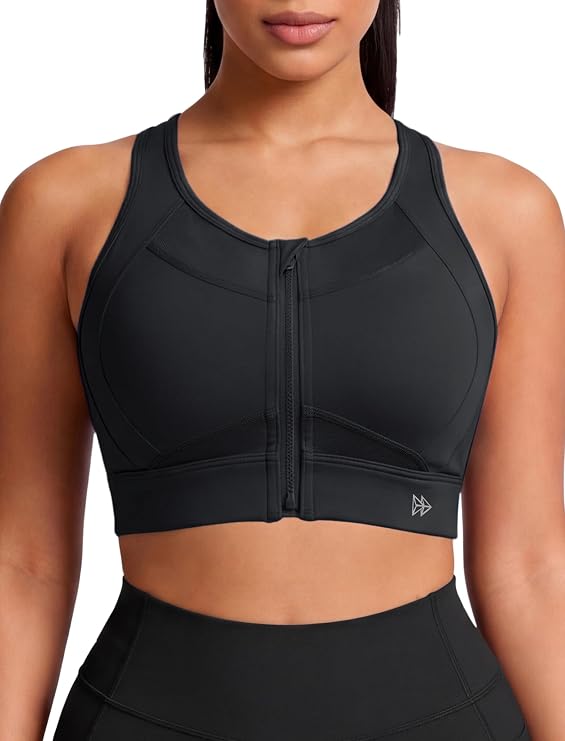 Yvette Sports Bra Front Zipper High Impact Mesh Racerback