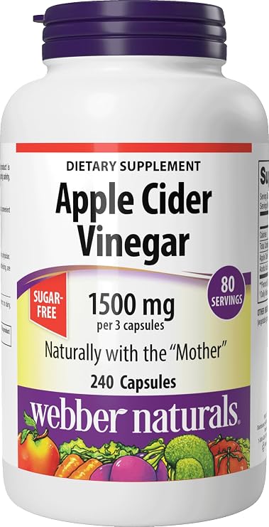 Webber Naturals Apple Cider Vinegar Capsules 1500mg, 240 Capsules | ACV With Mother, High Potency, Natural Digestion Support, Non-GMO, Gluten, Dairy & Sugar Free, 80 Days of Supply